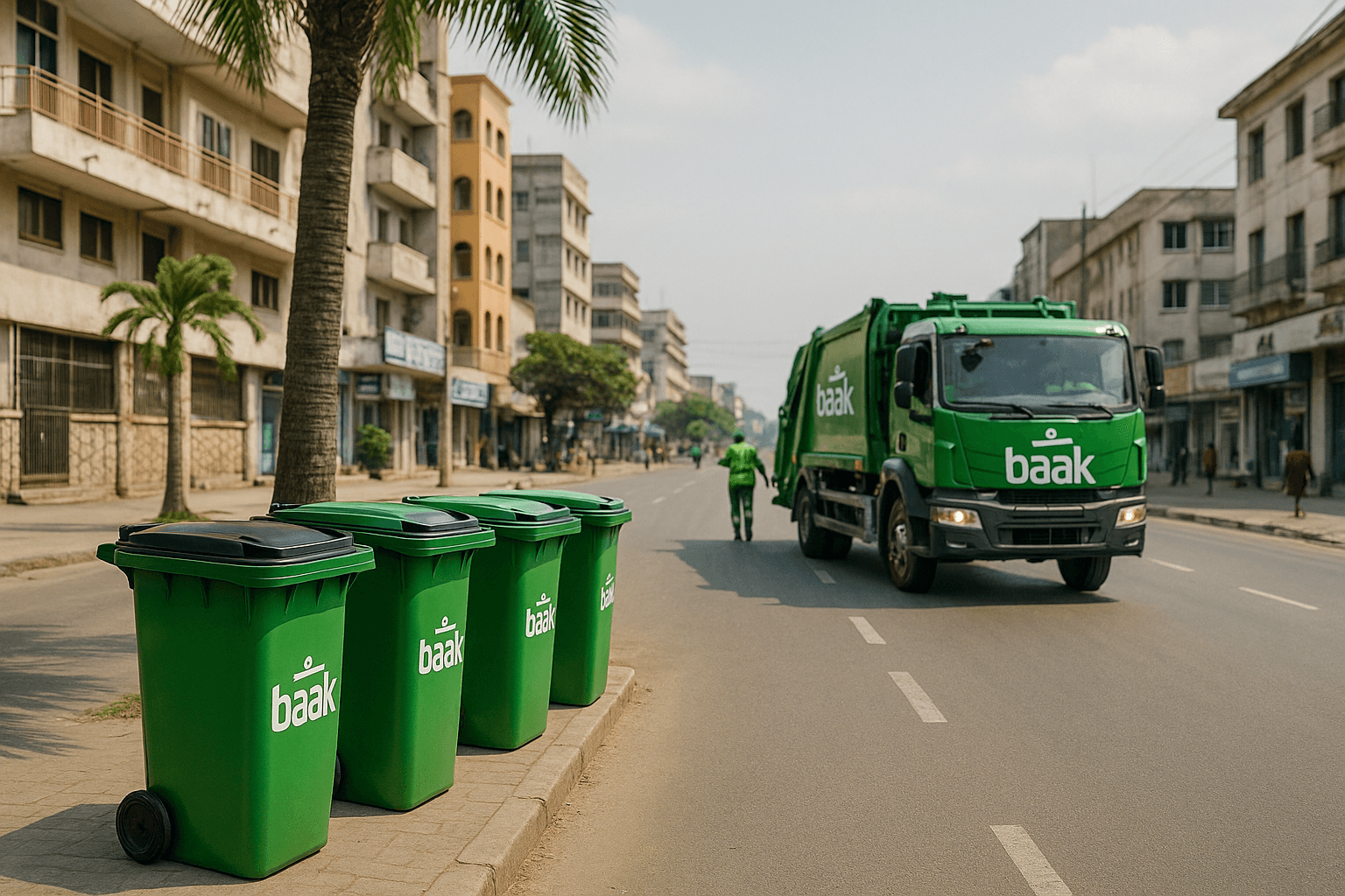 Poubelles vertes Baak alignées le long d'une avenue de Kinshasa, avec le camion de collecte Baak